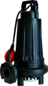 APX Tauchmotorpumpe von Dreno Pompe aus schwarzem Grauguss mit Tragegriff, rotem Schwimmerschalter, Siebkorb am Pumpenfuss und horizontalem Flanschdruckstutzen DN 32