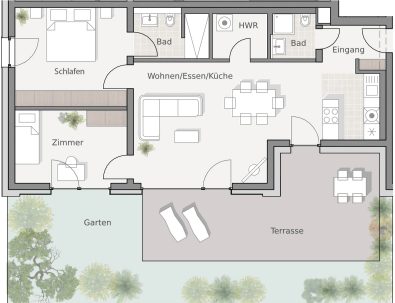 Grundriss Wohnung 2, 3 Zimmer, 89,9 m², Erdgeschoss mit Terrasse und Garten