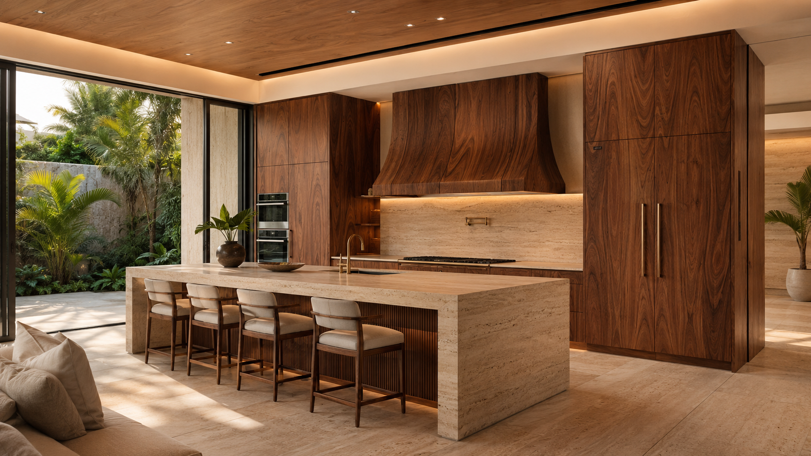 Concepto cinematográfico de cocina premium en nogal monumental tropical
