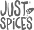Graues "JUST SPICES" Logo mit einer Hand, die Gewürze über "SPICES" streut.