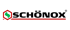 Schönox Logo: Schwarzer Schriftzug mit rotem Unterstrich und grünem „S“ in rotem Sechseck.