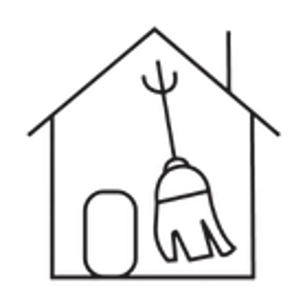 Hausumriss mit Besen und Kehrschaufel, die aufrecht im Inneren stehen.