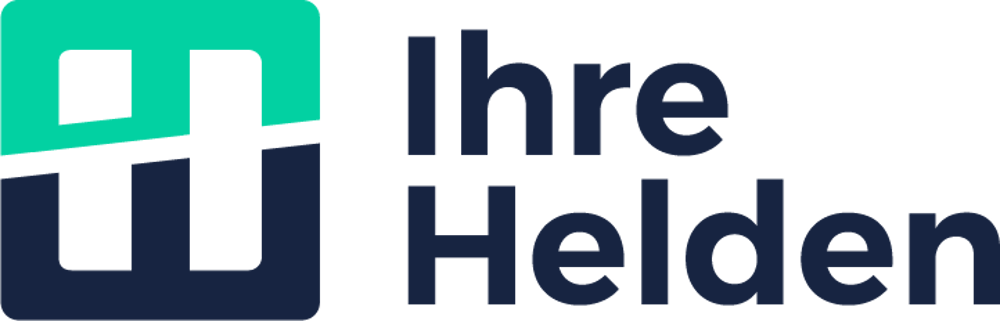 Logo mit grünem Symbol und Text "Ihre Helden" in dunkelblau auf dunkelgrünem Hintergrund.