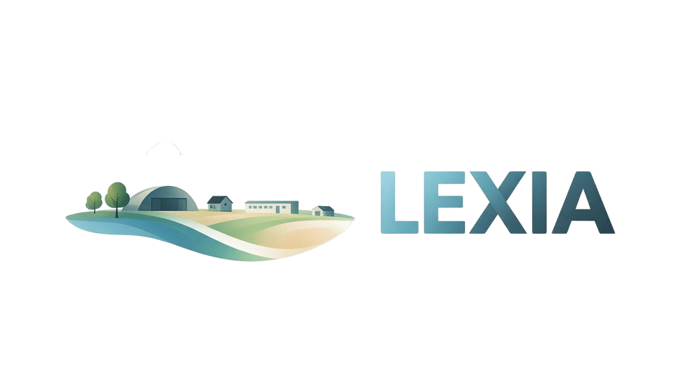 Lexia Logo mit einer stilisierten Landschaft, Bäumen und Gebäuden auf schwarzem Hintergrund.