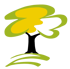 Stilisierter Baum mit gelben und grünen Blattformen auf schwarzem Hintergrund.