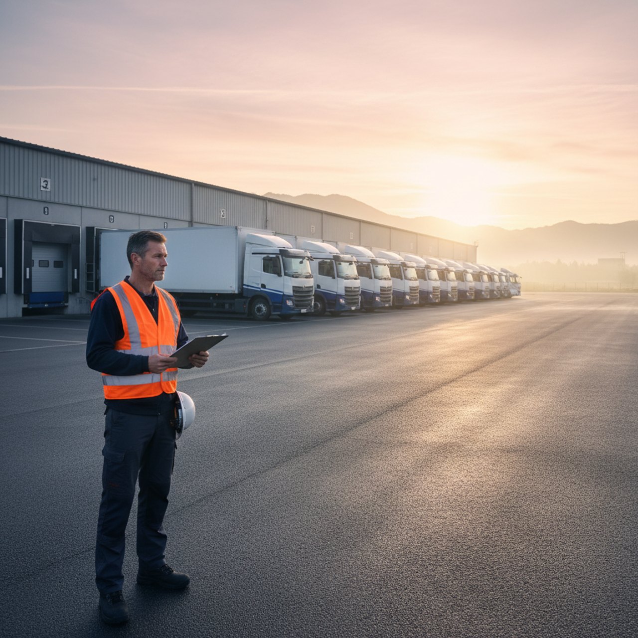 Reihe von Lieferwagen an den Laderampen eines Logistikstandorts