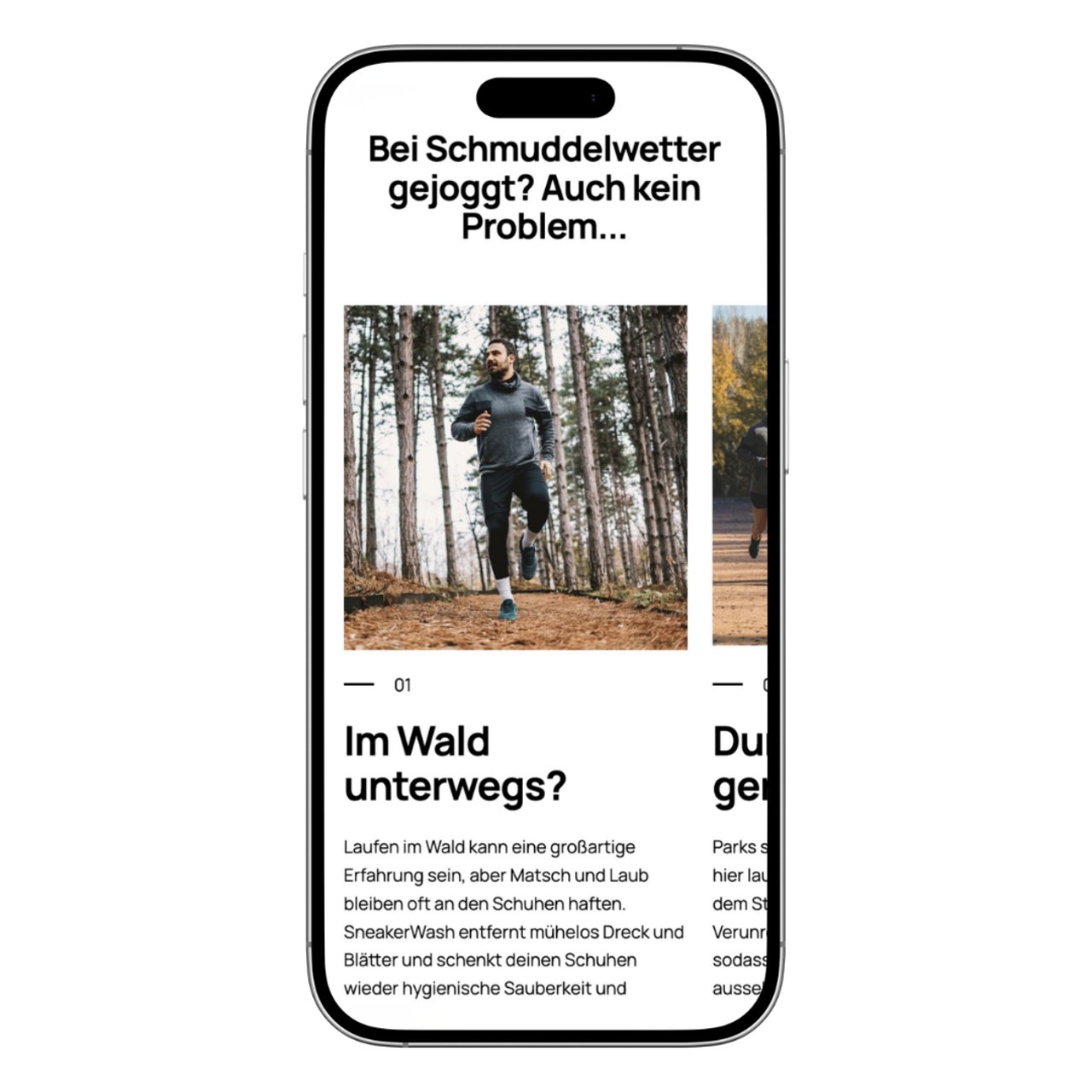 Smartphone zeigt Website mit joggendem Mann im Wald und Text über Schuhreinigung.