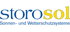 Storosol logo with blue text "Storo" and yellow text "sol" above "Sonnen- und Wetterschutzsysteme" on a dark green background.