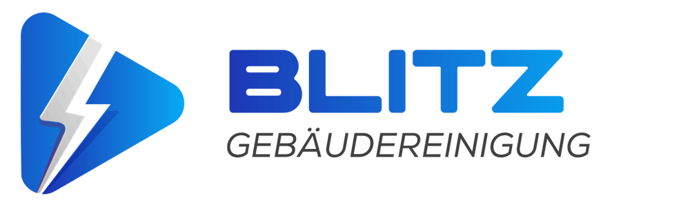 Blitz Gebäudereinigung Logo mit blauem Blitzsymbol in einem Dreieck.