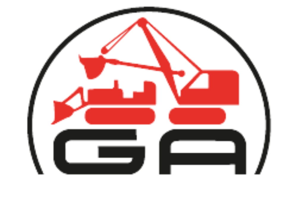 Günter Alsdorf Logo: Rotes Bagger- und Planierraupen-Symbol über schwarzem "GA" in einem Halbkreis auf dunkelgrünem Hintergrund.