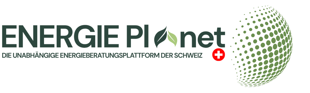 ENERGIENET Logo mit Blättern, Schweizer Kreuz und Erdkugel aus Punkten.