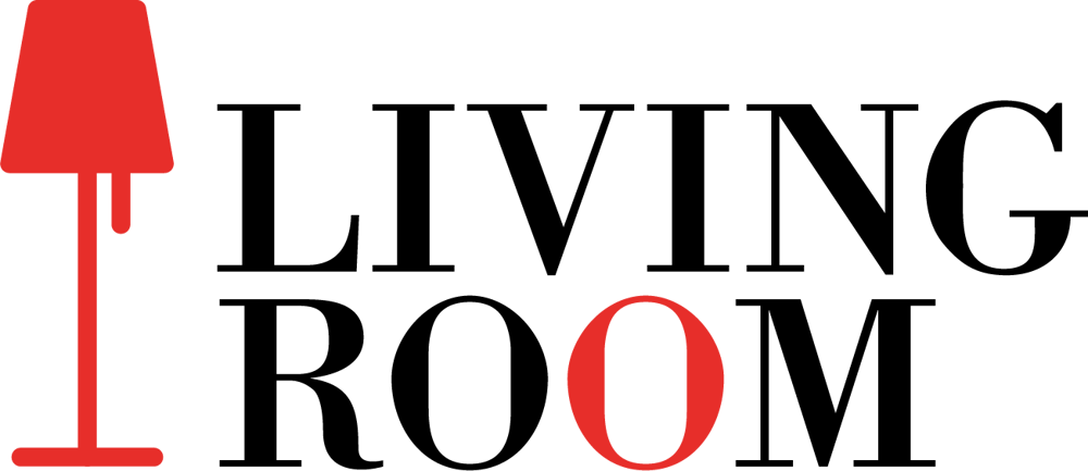 Rote Stehlampe neben dem Text "LIVING ROOM", wobei das "O" in "ROOM" rot ist.