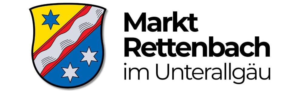 Wappen und Schriftzug der Gemeinde Markt Rettenbach im Unterallgäu mit blau-gelbem Schild und Wellenbalken.