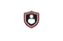 Weißes Personensymbol in einem schwarz-rot umrandeten Wappenschild auf schwarzem Hintergrund.