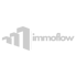 Immoflow-Logo mit stilisierten Gebäuden, die einen aufsteigenden Pfeil bilden, und dem Slogan „GROW WITH THE FLOW“.