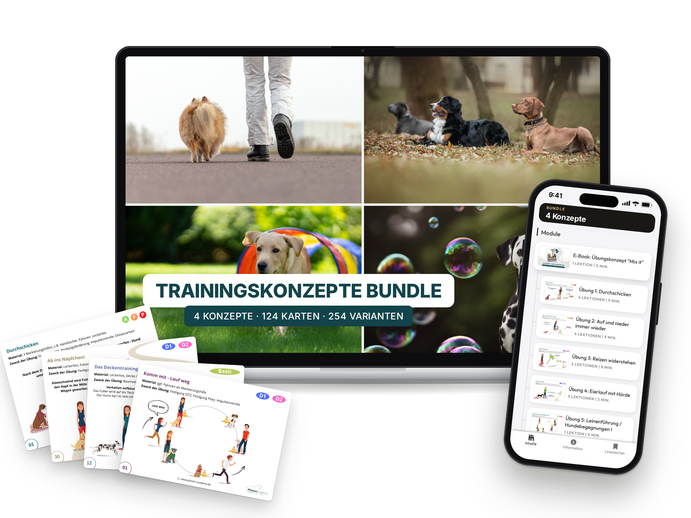 Bundle mit den vier Übungskonzepten Mix it, Social Walk, Welpen & Anfänger und Impulskontrolle