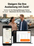 Zwei Personen lächeln vor einer Reihe von Autos, mit einer App auf einem Smartphone und einem Laptop, die "Zack!" zeigen.