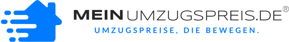 Logo: MEINUMZUGSPREIS.DE, UMZUGSPREISE, DIE BEWEGEN. Blaues Haus-Symbol mit Geschwindigkeit-Strichen.