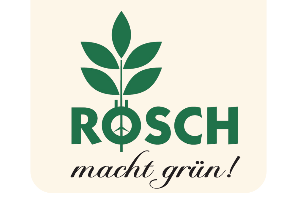 Logo von Rösch: stilisierte grüne Pflanze über dem Schriftzug "RöSCH macht grün!" auf hellem Hintergrund.