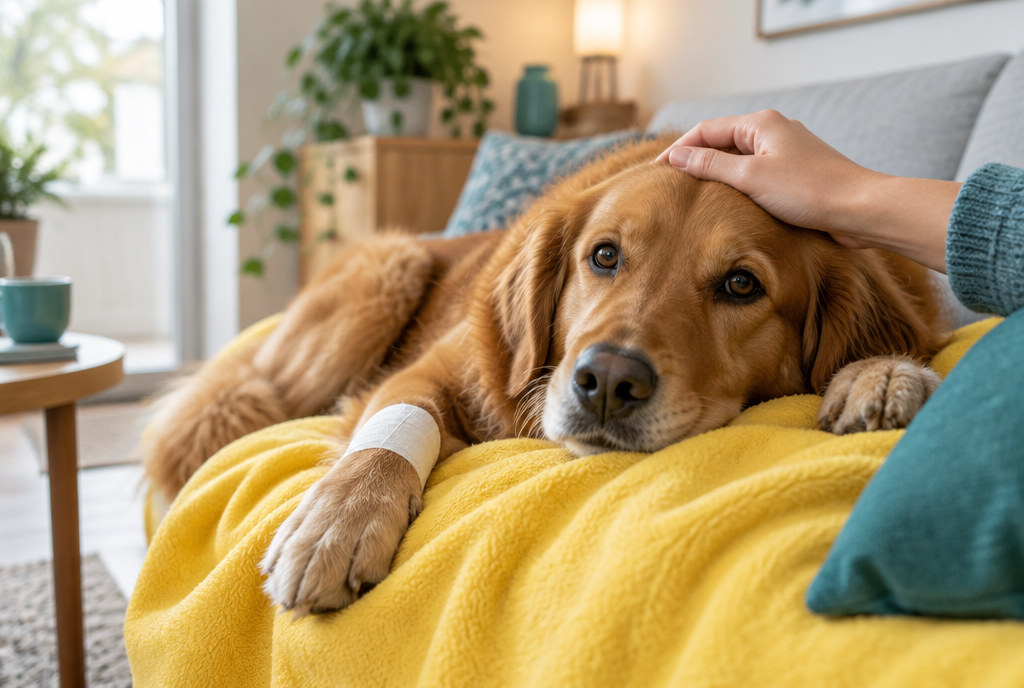 Hund mit kleinem Verband an der Pfote ruht auf einer gelben Decke und wird gestreichelt