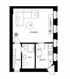Grundriss einer Einzimmerwohnung mit Flur, Bad, Küche und einem Wohnbereich mit Sofa, Couchtisch und TV-Möbel.