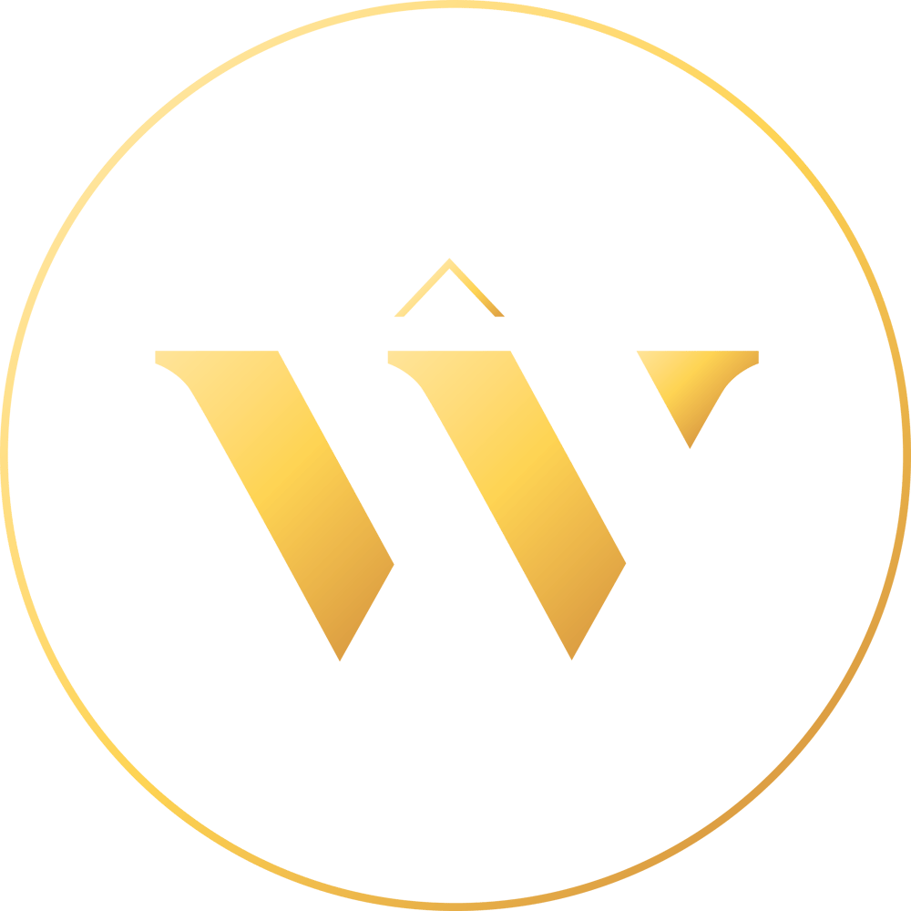 Goldenes "W" mit Akzent auf grünem Hintergrund in einem goldenen Kreis.