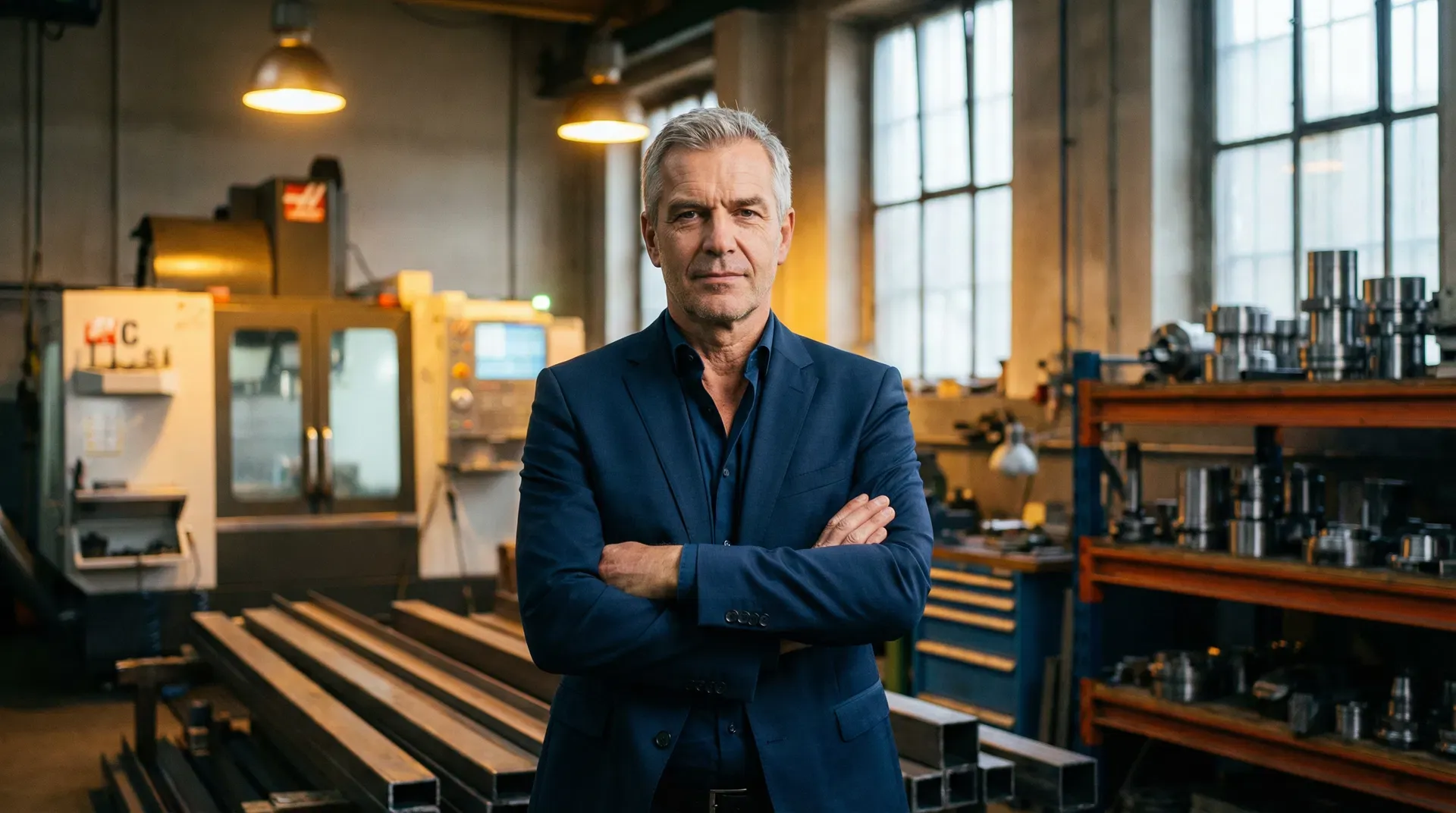 Geschäftsführung und Produktionsleitung in einem modernen Metallbaubetrieb