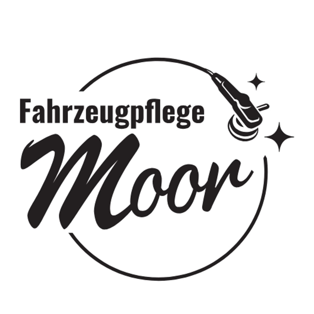 Logo mit "Fahrzeugpflege Moor" in einem Kreis, darüber eine Poliermaschine und zwei Glitzersterne.