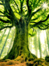 Alter, moosbewachsener Baum mit riesigem Stamm und Wurzeln; Sonnenstrahlen durchdringen die grünen Blätter.