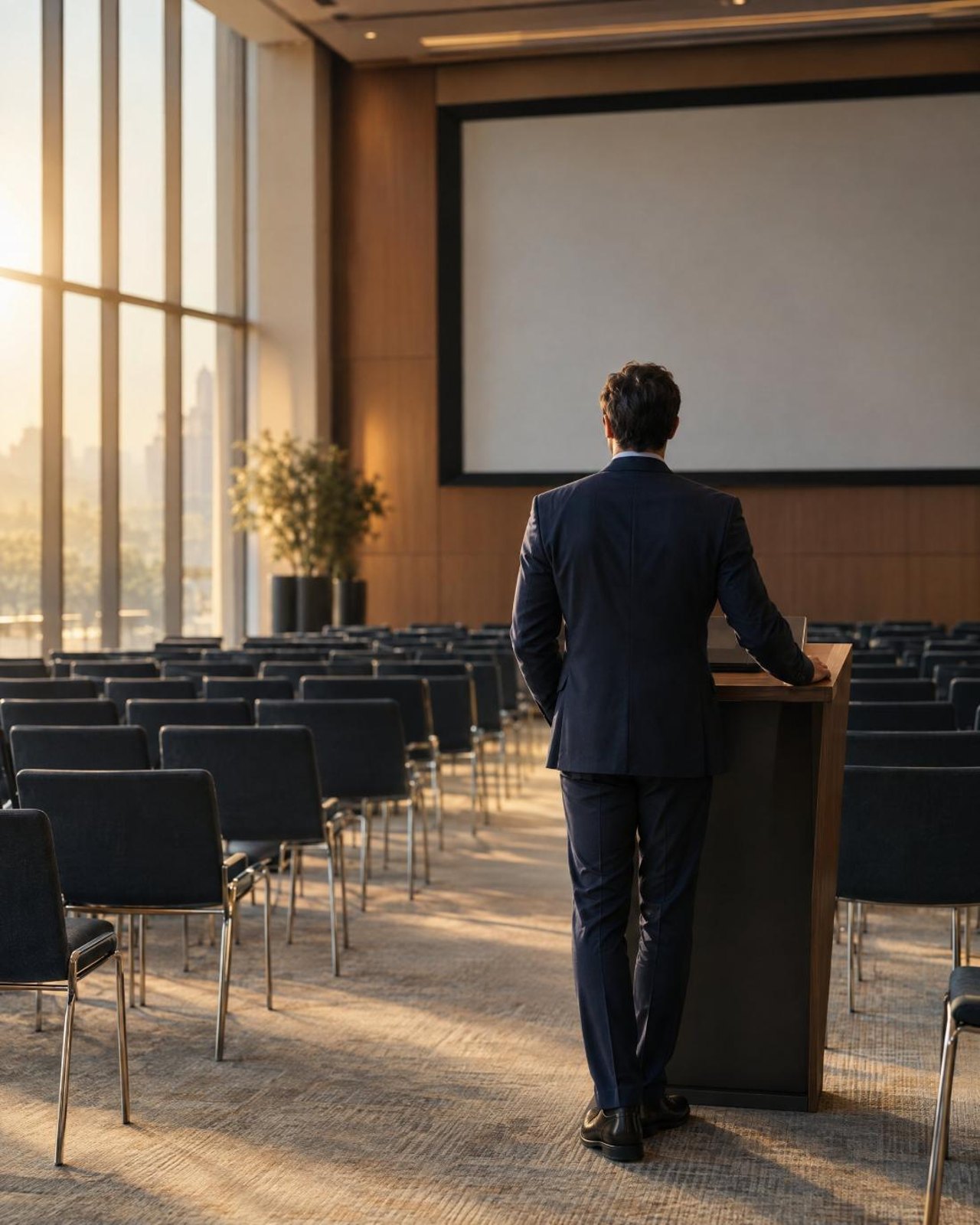 Person im dunklen Anzug steht kurz vor einer Präsentation allein in einem leeren Konferenzraum und atmet durch