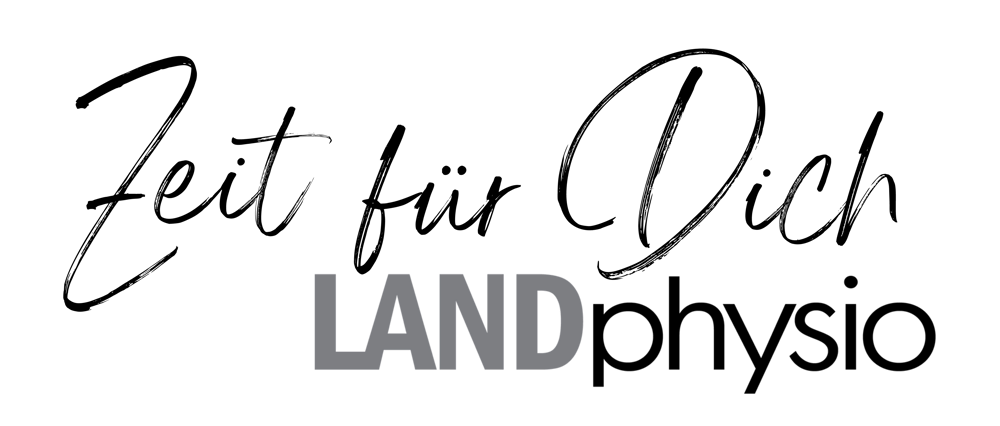 Schwarzer Text auf grünem Hintergrund: "Zeit für Dich" in Kursivschrift, darunter "LANDphysio".