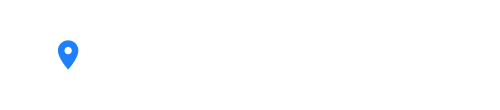 Logo: Weißes Zahnrad mit blauem Standort-Pin und drei weißen Streifen, daneben der weiße Text "LOCALWORKER".