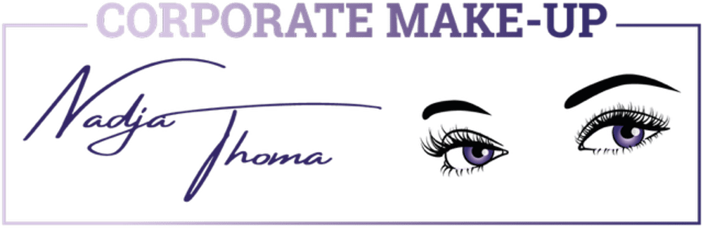 Schriftzug "CORPORATE MAKE-UP Nadja Thoma" mit zwei stilisierten Augen mit lila Iris.