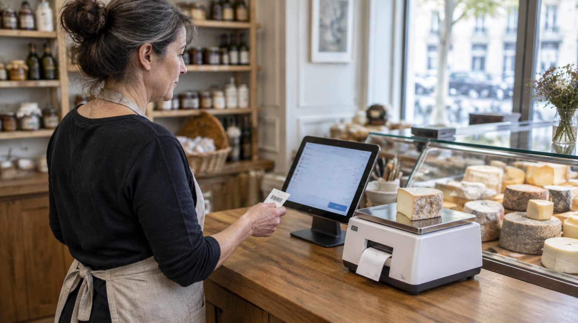 Verkäuferin in einem Berliner Käseladen hält einen Waagenbon vor ein iPad mit Kassen-App, daneben eine Ladenwaage mit Käsestück