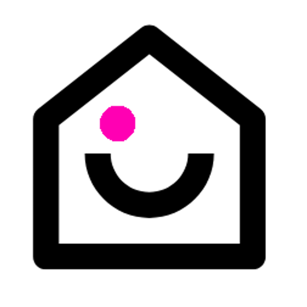 Czarny kontur domu z różową kropką i uśmiechem na zielonym tle.