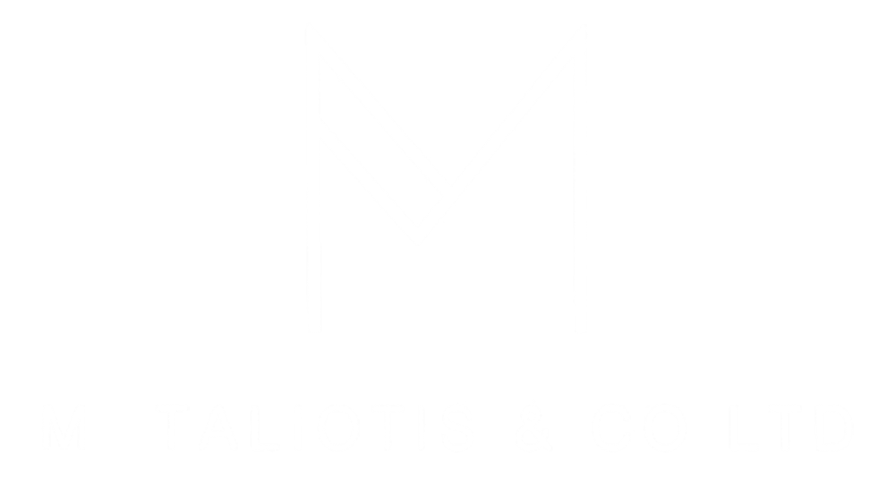 White stylized "M" logo above "M TALIOTIS & CO LTD" on a dark green background.