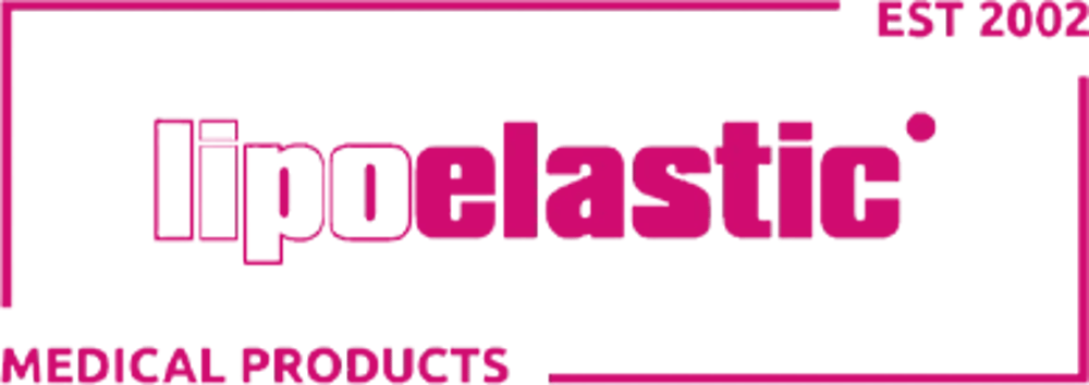 Logo "Lipoelastic MEDICAL PRODUCTS EST 2002" in Magenta auf dunklem Hintergrund.