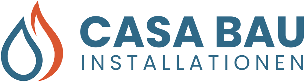 Logo von Casa Bau Installationen aus Graz mit einem blauen Wassertropfen und einer orangefarbenen Flamme auf schwarzem Hintergrund.