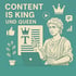 Antike Statue mit Laptop, zeigt auf ein Dokument mit Krone und "T", umgeben von Social Media Icons, Text: "CONTENT IS KING UND QUEEN".