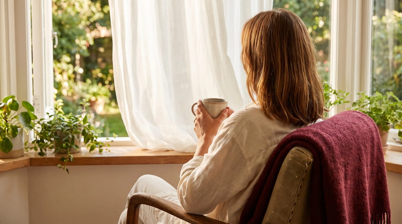 Frau sitzt entspannt mit einer Tasse Tee am offenen Fenster, von hinten gesehen (KI-generiertes Bild)