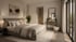 Helles Schlafzimmer mit beigem Bett, zwei gerahmten Bildern, hohem Spiegel und großen Fenstern zum Balkon.