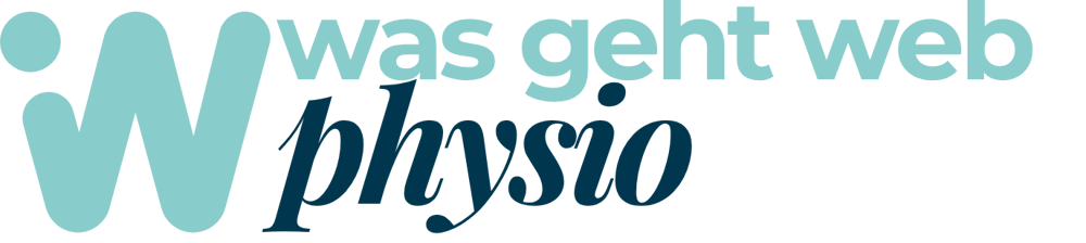 Logo mit türkisfarbenem, stilisiertem "W" und dem Text "was geht physio" in Türkis und Dunkelblau.