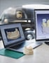 Ein Laptop und ein Monitor zeigen 3D-Modelle von Zähnen neben einem physischen Kiefermodell. Im Hintergrund ein UPS-Lieferwagen.