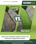 Vorher-Nachher-Vergleich: kahle Erde vs. perfekt grüner Kunstrasen, beworben von RasenFox.