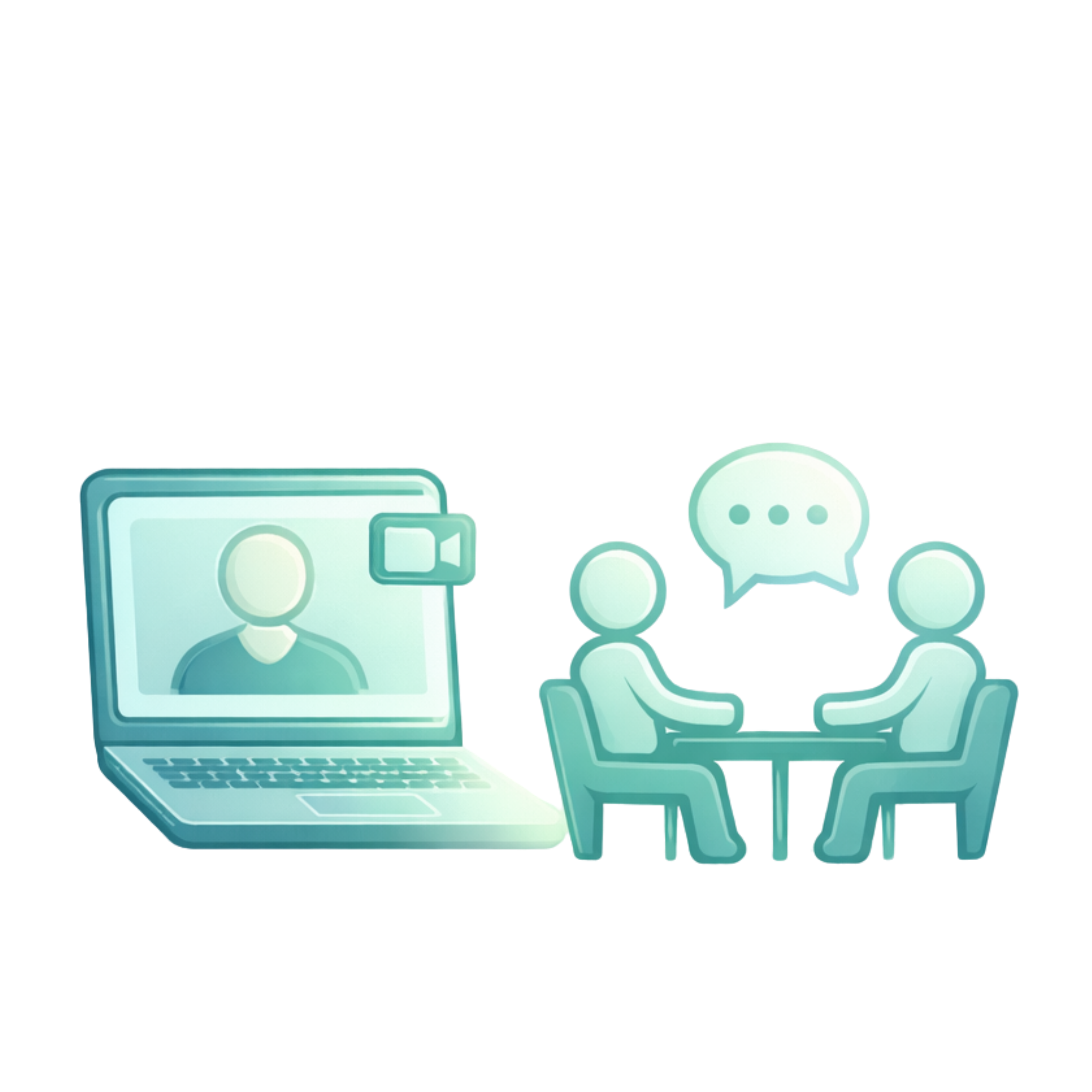 Laptop mit Videokonferenzsymbol, daneben zwei Personen an einem Tisch mit Sprechblase.