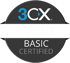 3CX Affiliate Basic Certified Logo: Dunkler Kreis mit weißem 3CX-Logo, grünem Balken "AFFILIATE" und "BASIC CERTIFIED".