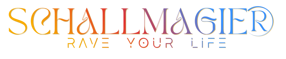 Schallmagier Logo mit farbenfrohem Farbverlauf und dem Slogan Rave Your Life auf schwarzem Hintergrund.