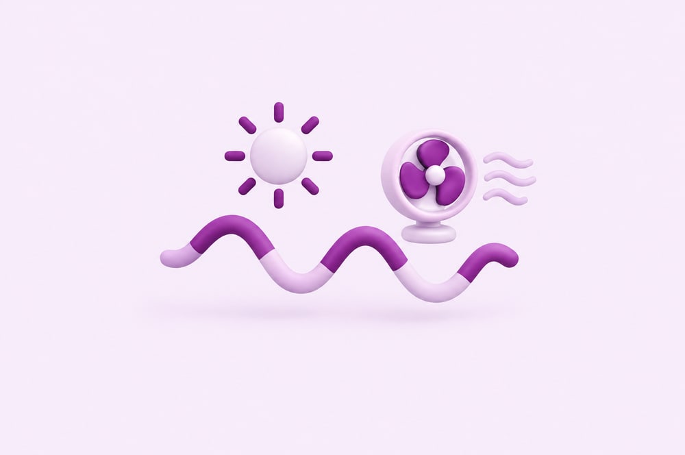 Illustration: Wellenlinie, Sonne und Ventilator