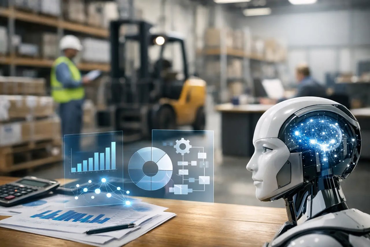 Ein humanoider Roboter betrachtet virtuelle Daten-Dashboards in einer Lagerhalle mit Gabelstapler und Logistikmitarbeitern.