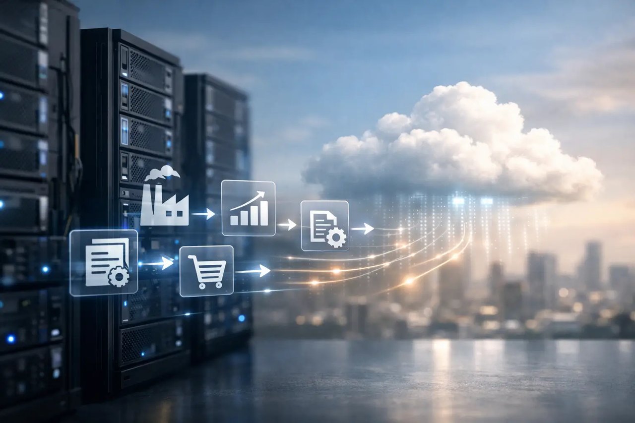 Server-Racks mit Prozess-Icons für Industrie, Handel und Datenfluss, die mit einer Cloud über einer Stadtlandschaft vernetzen.